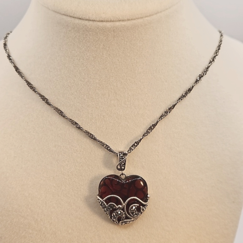 Sterling Marcasite Red Glass Heart